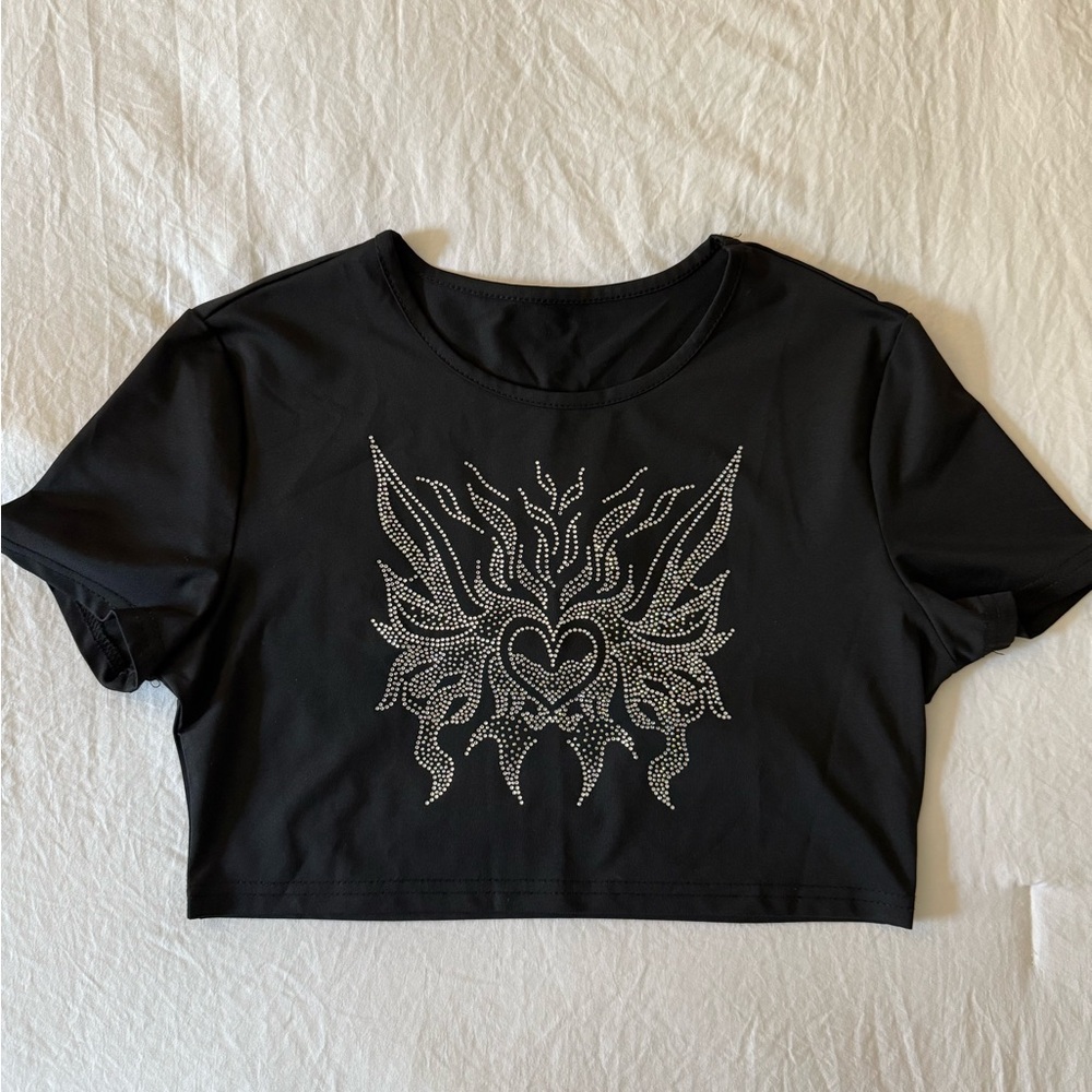 Black Rhinestone Short Sleeve Crop Top